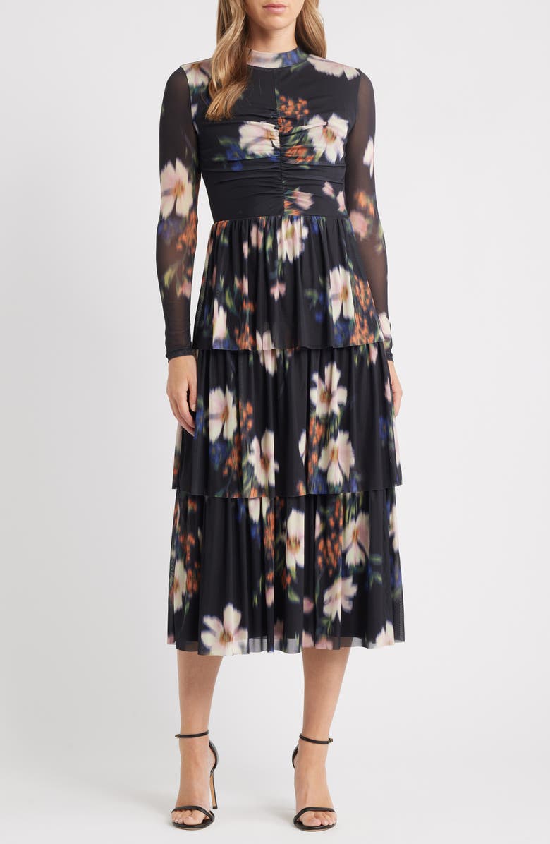 Anne Klein Tiered Ruffle Floral Print Long Sleeve Dress, Main, color, Blurred Floating Flora