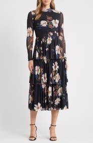 Anne Klein Tiered Ruffle Floral Print Long Sleeve Dress