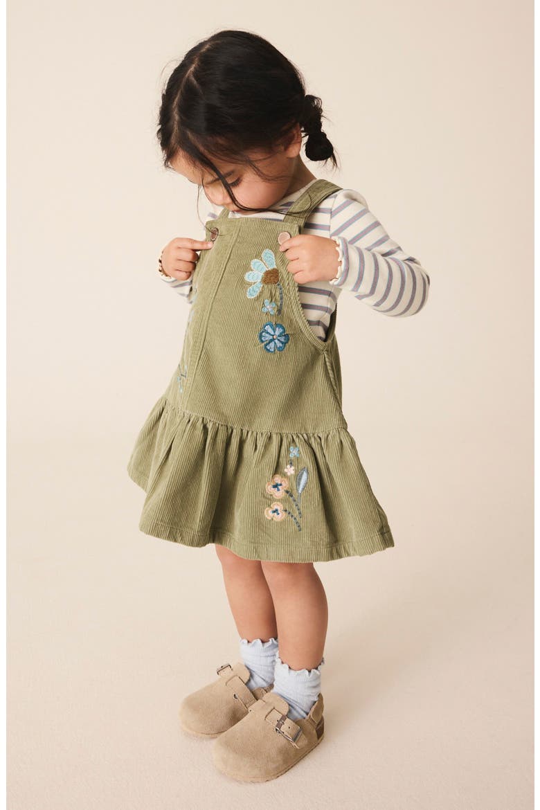 Kids' Embroidered Corduroy Dress & Stripe T-Shirt Set, Alternate, color, GREEN