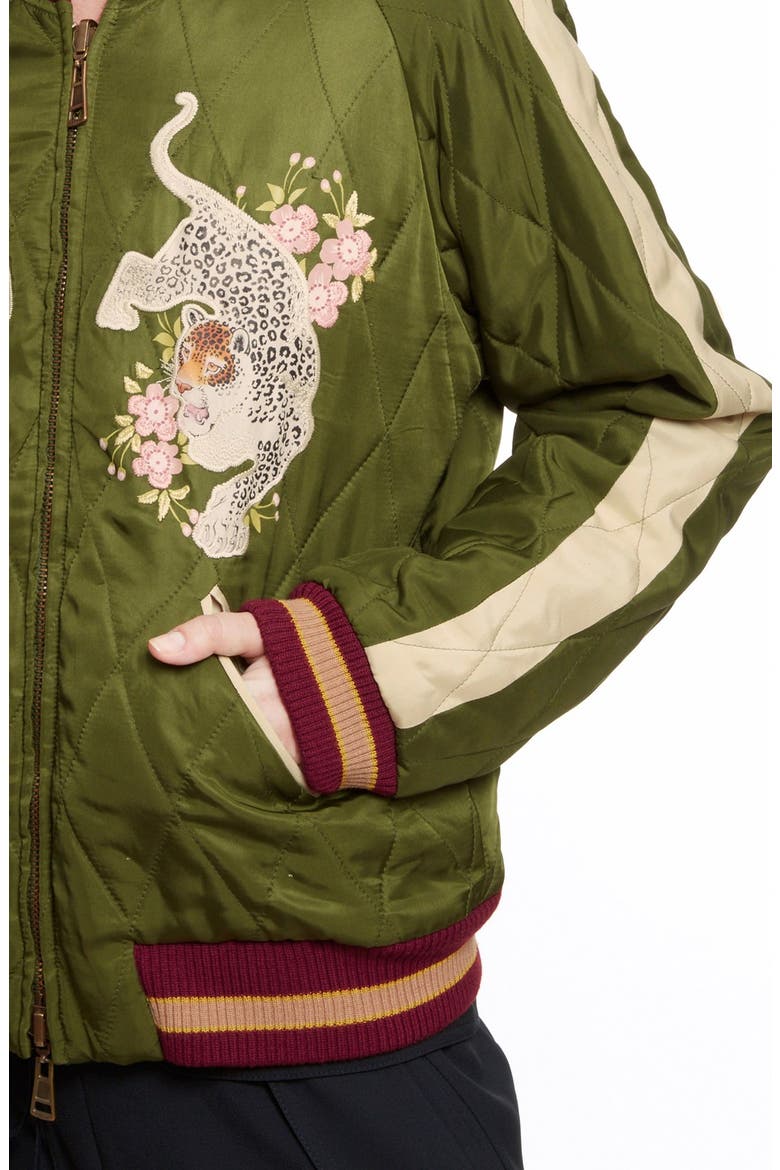 Reversible Embroidered Tech Satin Bomber Jacket, Alternate, color, DEEP GREEN
