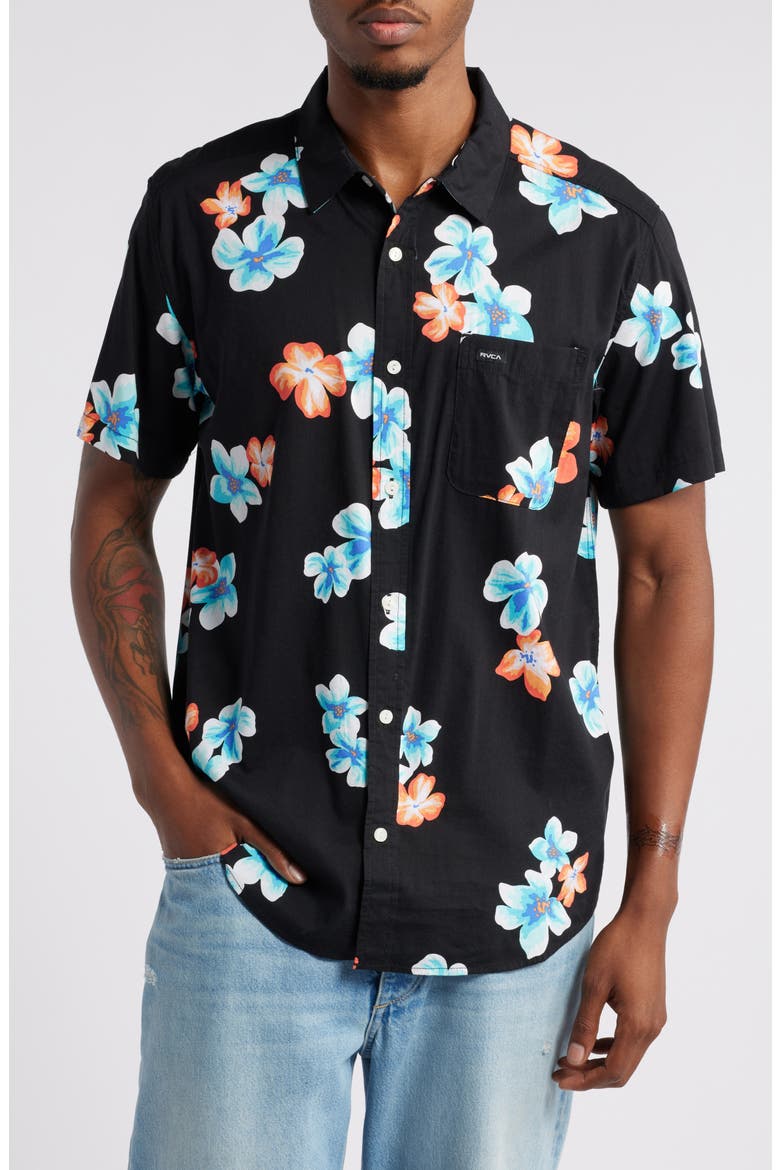 Anytime Short Sleeve Button-Up Shirt, Main, color, BLACK