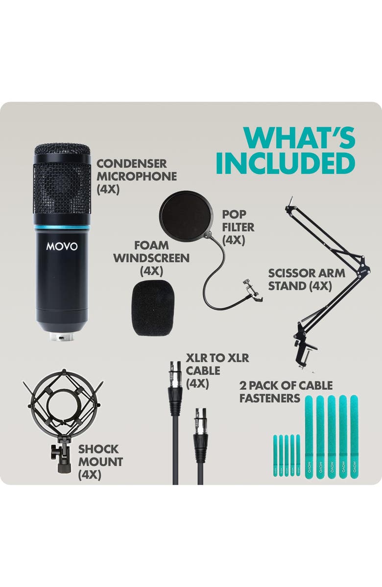 MOVO 4-Pack Universal Cardioid Podcasting Microphone Bundle with Articulating Scissor Arm and Pop Filter for XLR Outputs, Alternate, color, Black