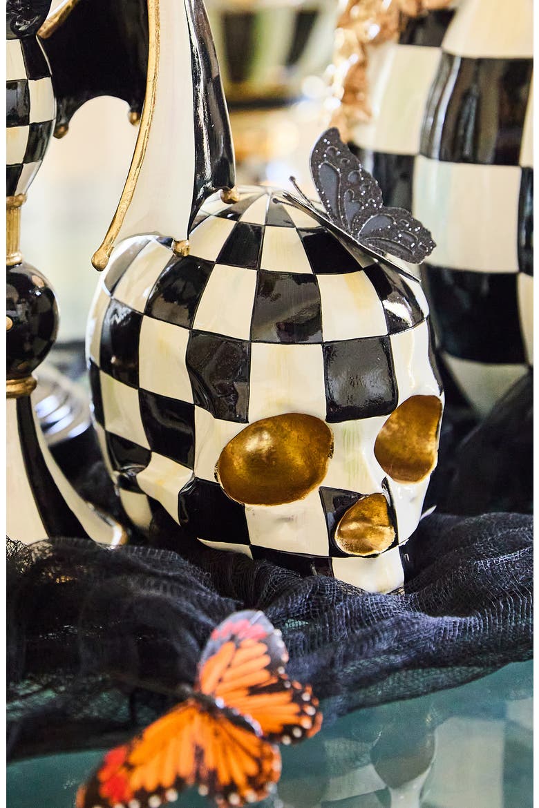 Courtly Check Skull Ornament, Alternate, color, BLACK