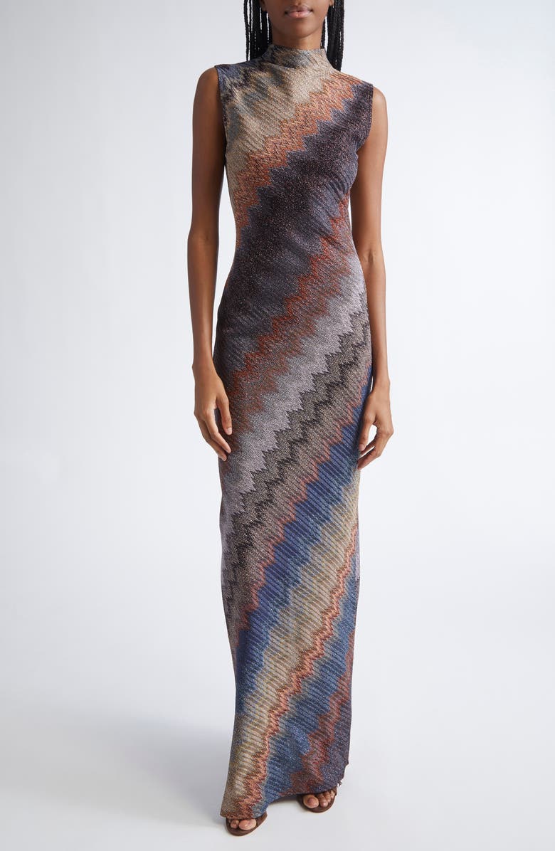 Missoni Metallic Zigzag Stripe Sleeveless Knit Dress, Main, color, Blue Tones On Dark Base