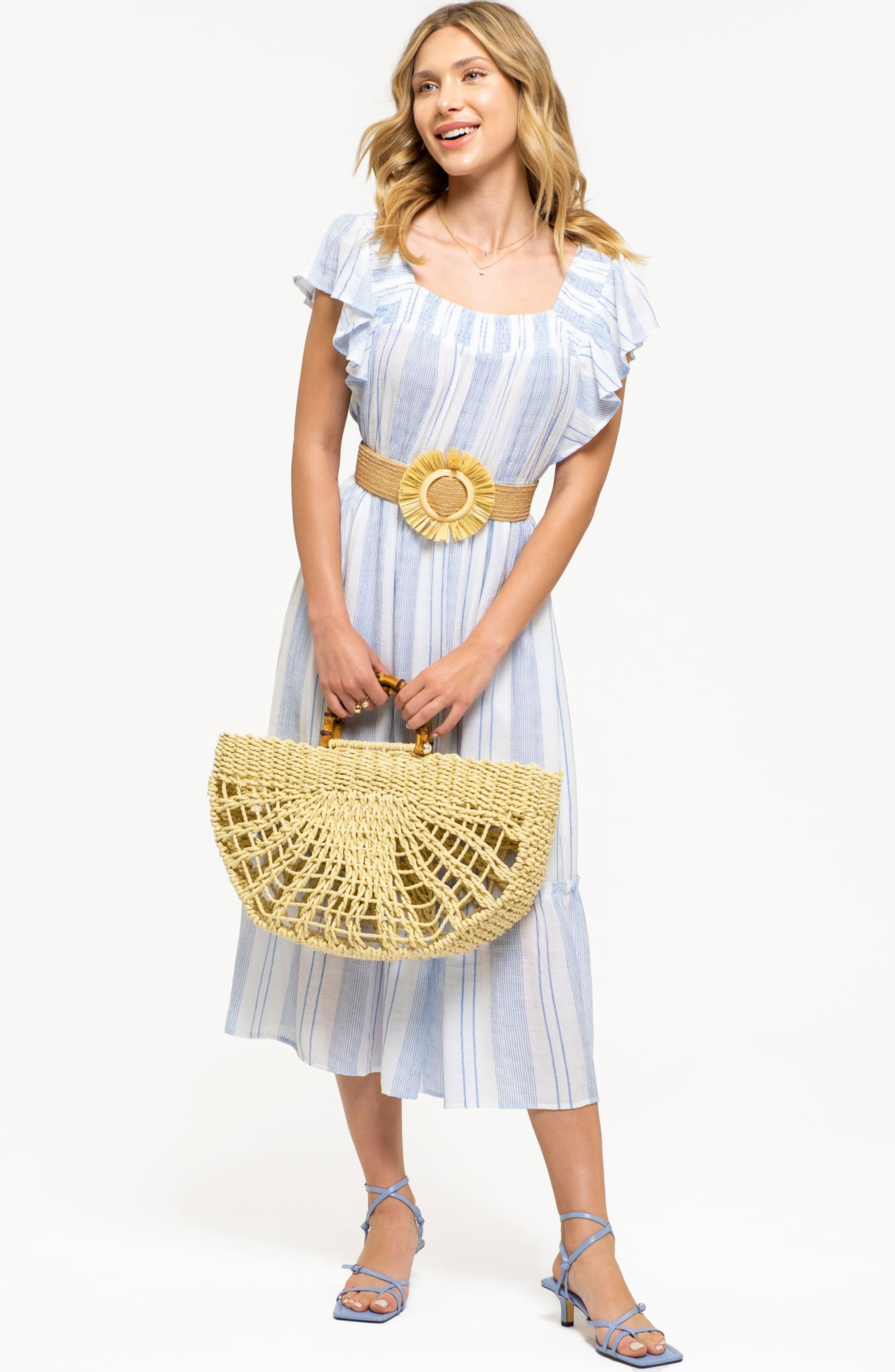 AUGUST SKY Stripe Flutter Sleeve Midi Dress (Women) | Nordstromrack