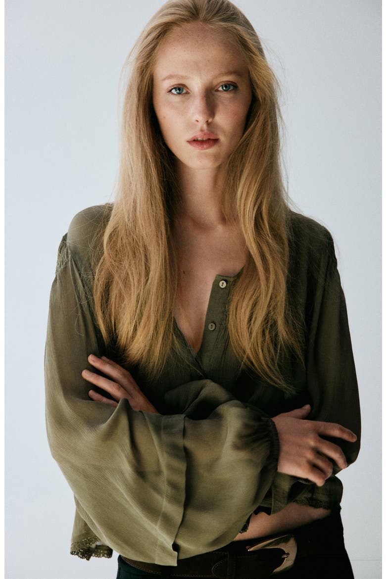 Ruffled Lace Trim Top, Alternate, color, GREEN