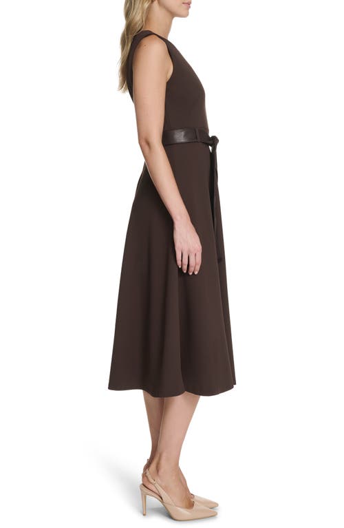 Calvin Klein Faux Leather Belt Scuba Crepe Midi A-line Dress In Brown