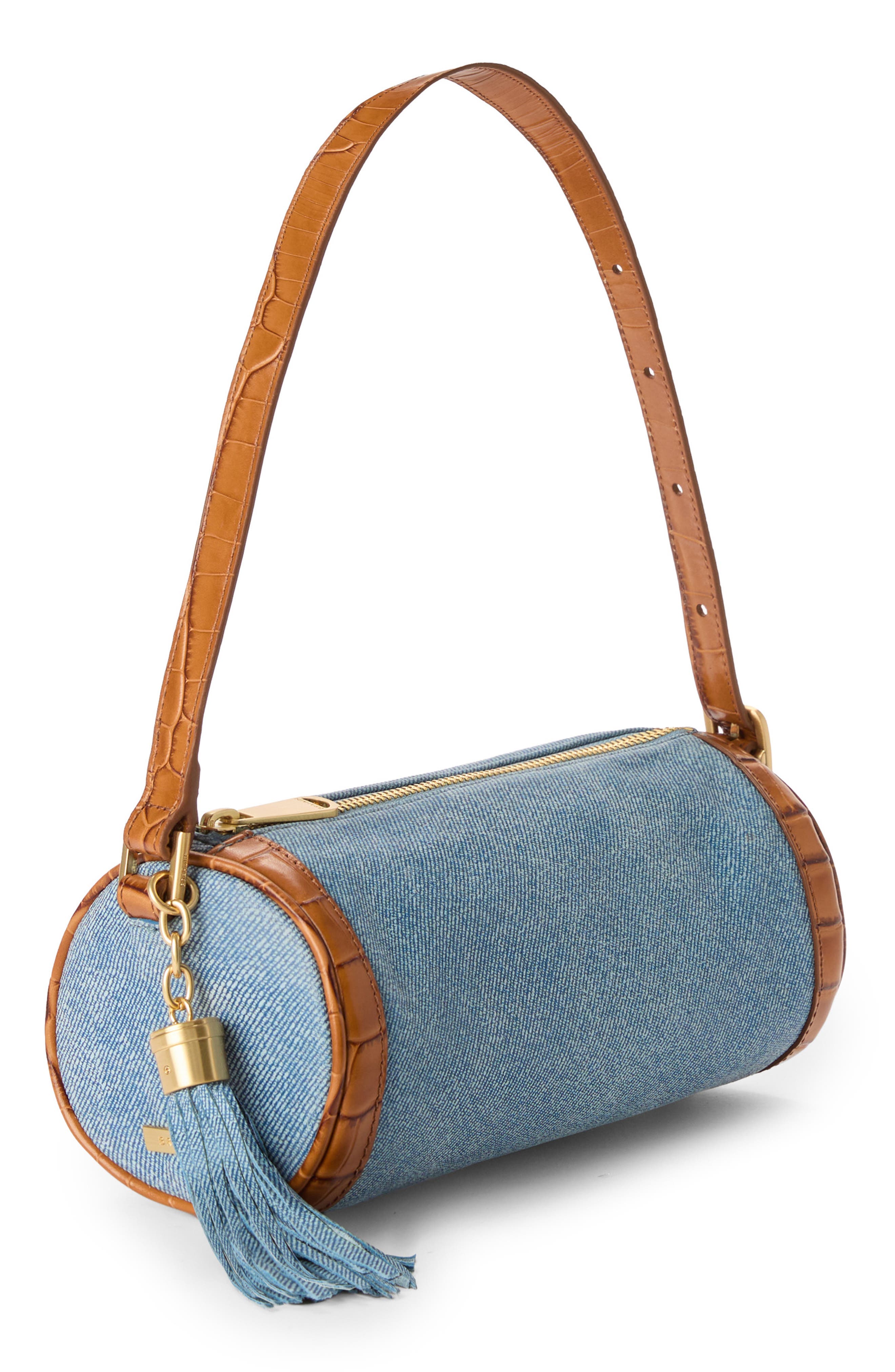 Brahmin Billie Denim & Croc Embossed Leather Barrel Bag, Alternate, color, 