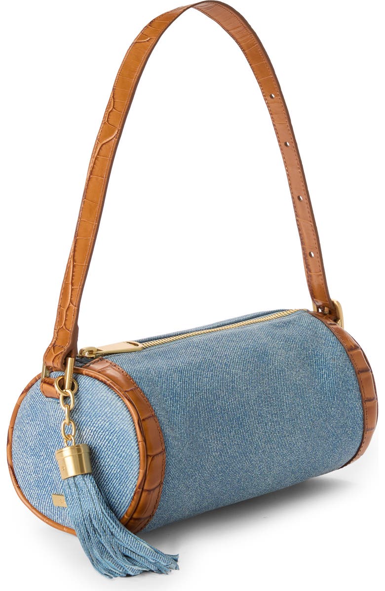 Brahmin Billie Denim & Croc Embossed Leather Barrel Bag, Alternate, color,