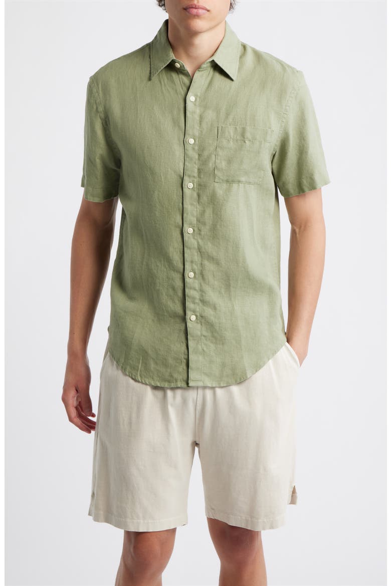 Ola Linen Short Sleeve Button-Up Shirt, Main, color, MOSS