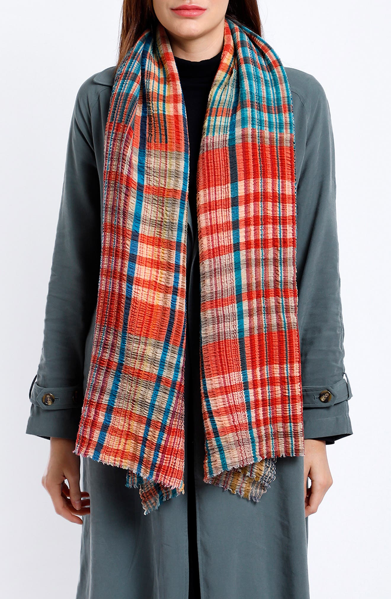 Vismaya Plaid Seersucker Wool Blend Fringe Scarf