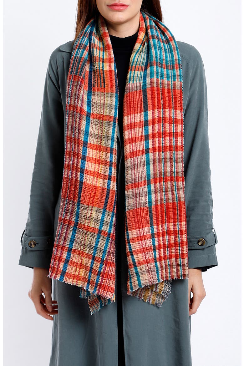 Plaid Seersucker Wool Blend Fringe Scarf, Main, color, CORAL
