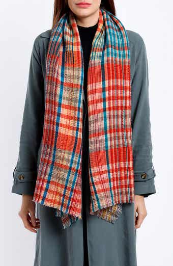 Vismaya Plaid Seersucker Wool Blend Fringe Scarf