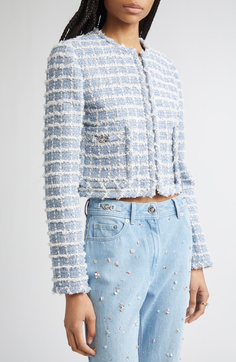 Versace Medusa '95 Windowpane Tweed Crop Jacket, Alternate, color, Light Indigo