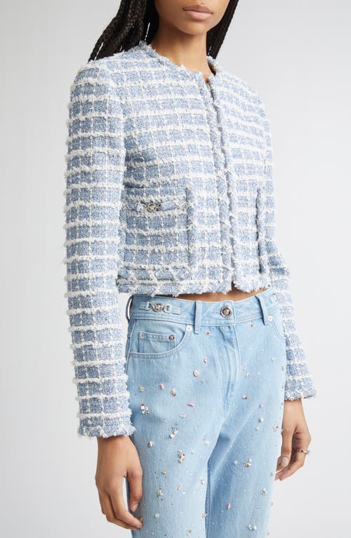 Versace Medusa Cropped Cotton-blend Tweed Jacket In Blue