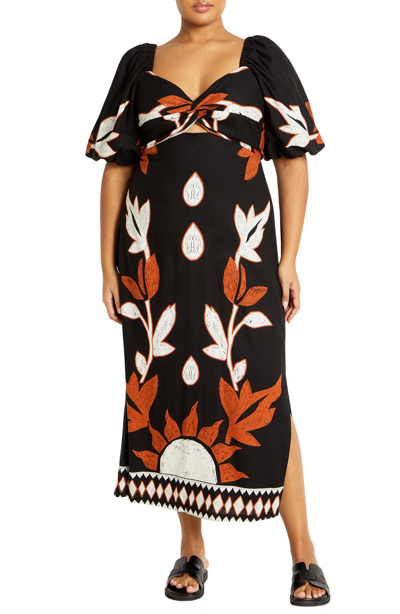 City Chic Botantical Print Twist Cutout Puff Sleeve Dress, Main, color,