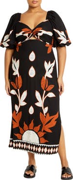 City Chic Botantical Print Twist Cutout Puff Sleeve Dress