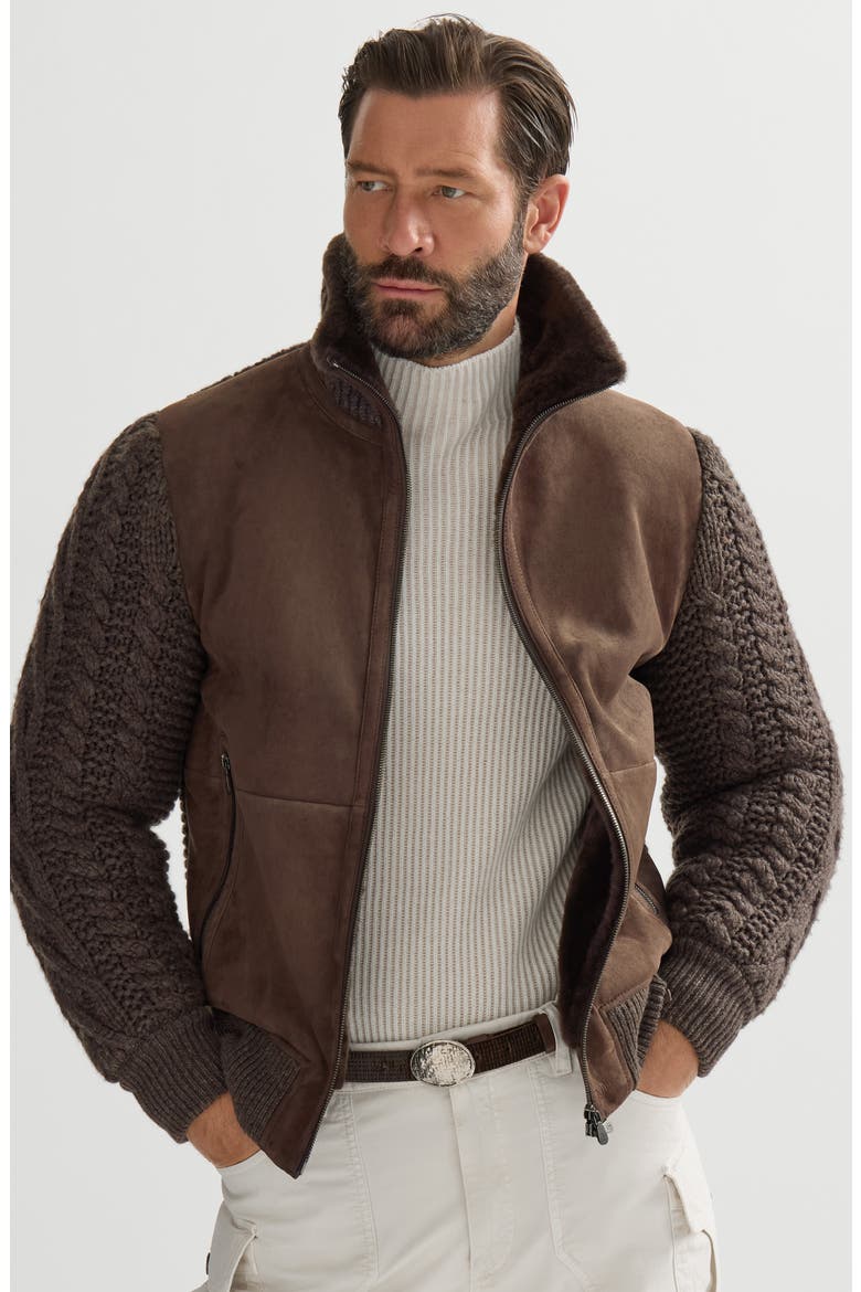 Suede shearling and cashmere knit bomber jacket with Thermore® padding, Alternate, color, Brown