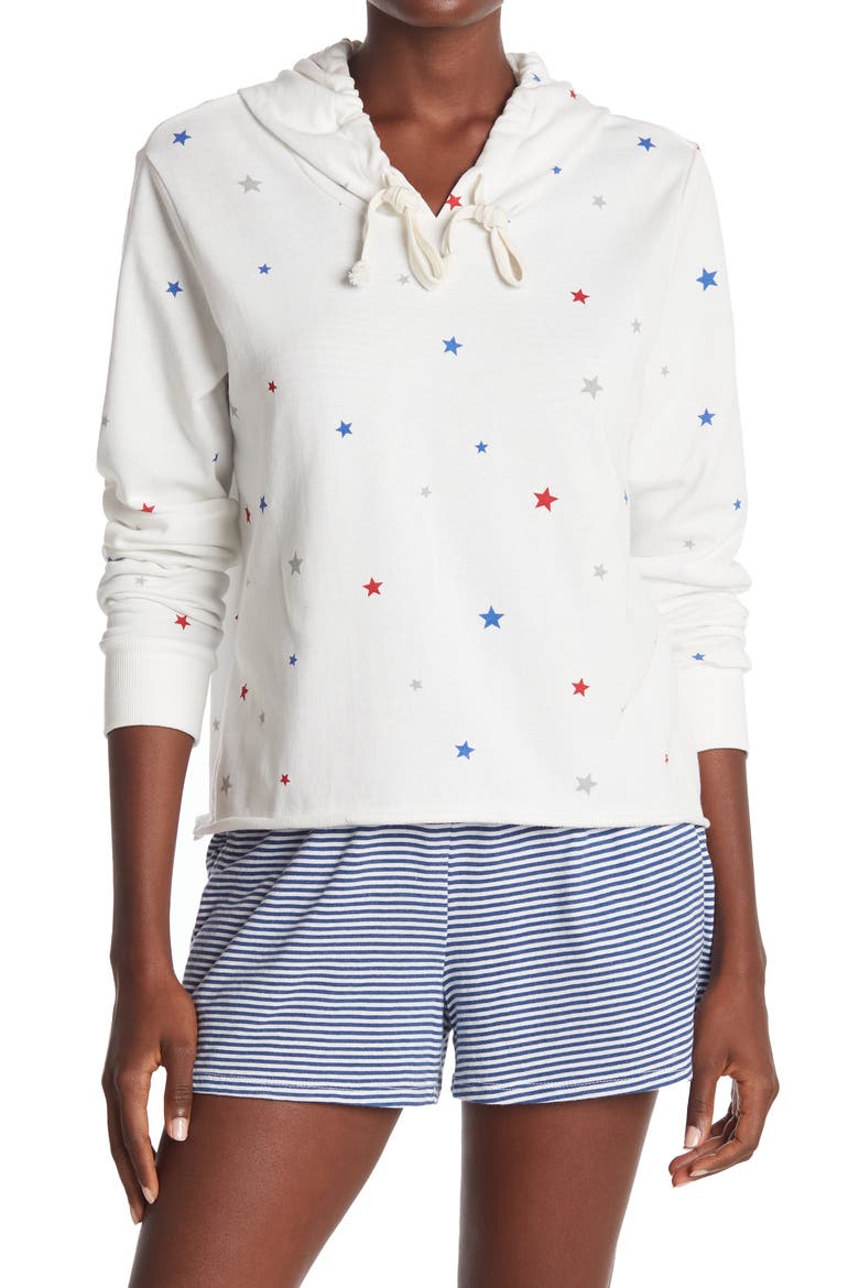 Star Print Raw Edge Hoodie, Main, color, IVORY MULTI DREAMY STARS
