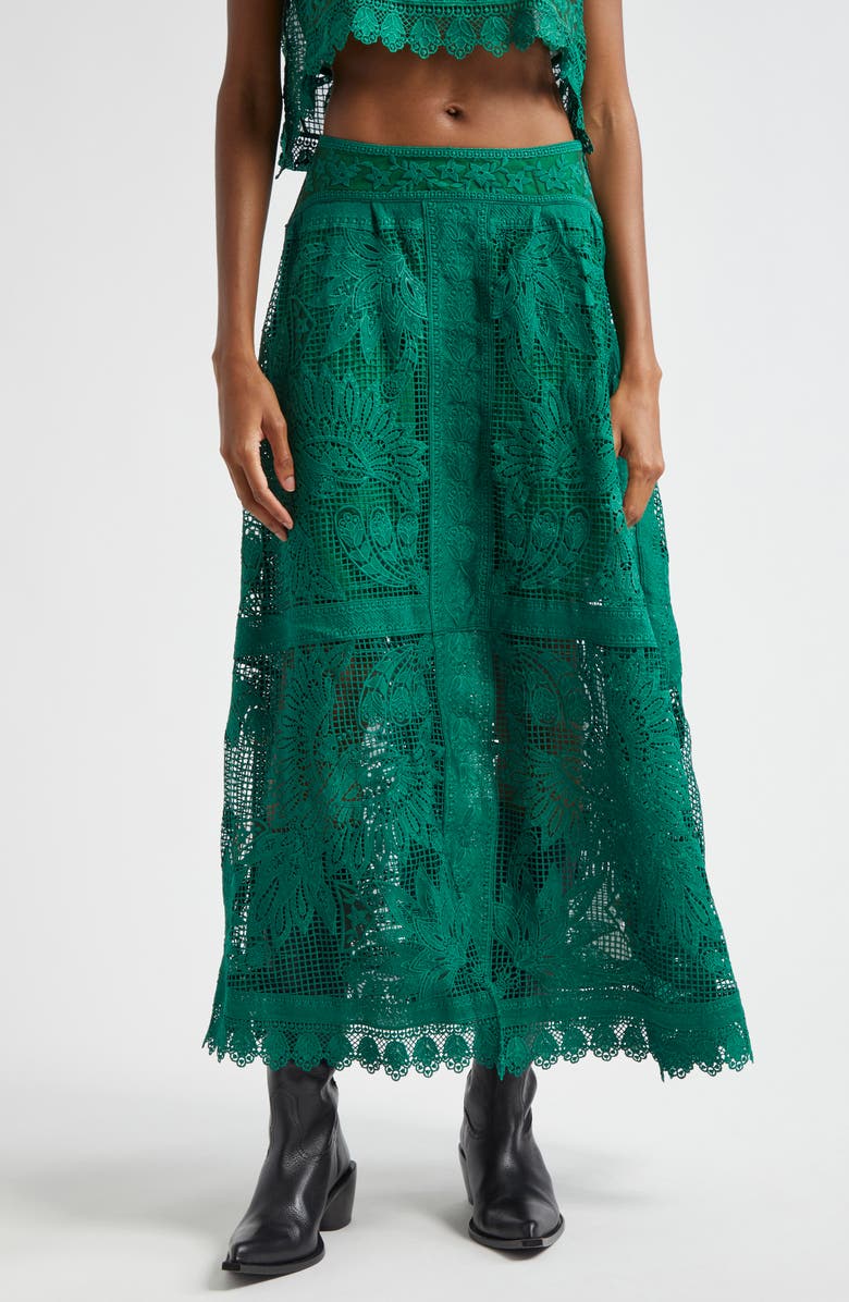 FARM Rio Toucan Guipure Lace Maxi Skirt, Main, color, 
