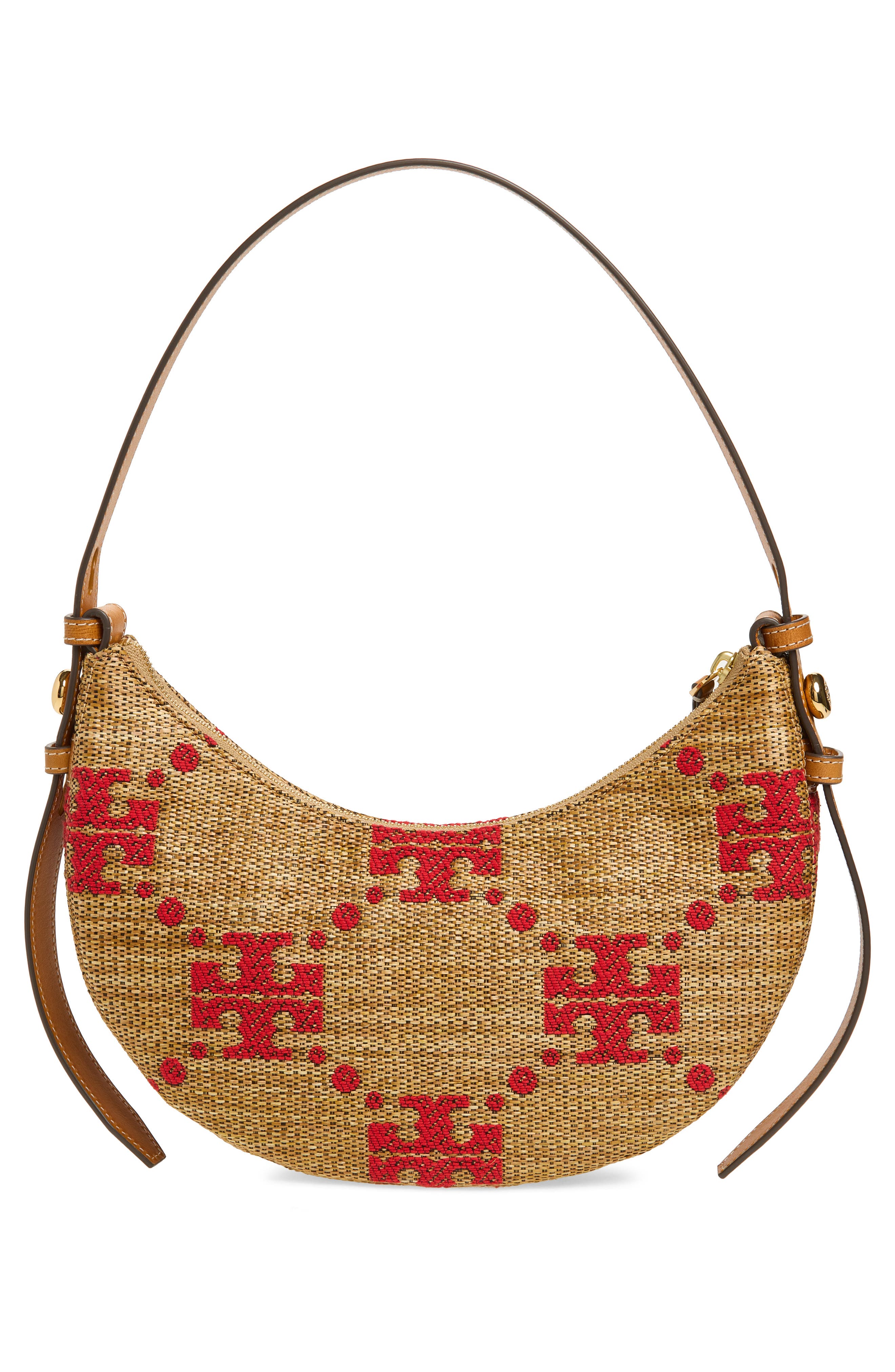 Tory Burch Romy T Monogram Straw Half Moon Shoulder Bag, Alternate, color, Natural