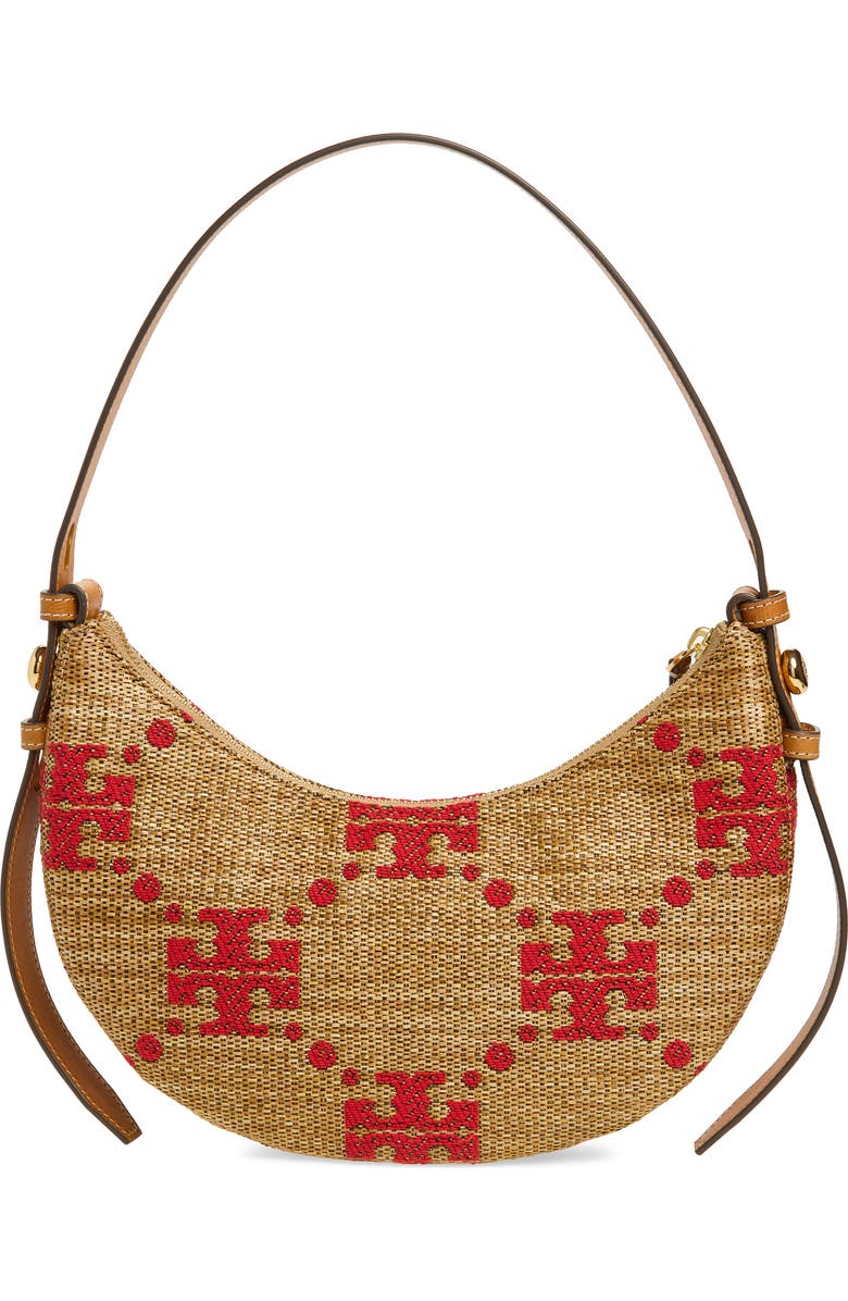Tory Burch Romy T Monogram Straw Half Moon Shoulder Bag, Alternate, color, Natural