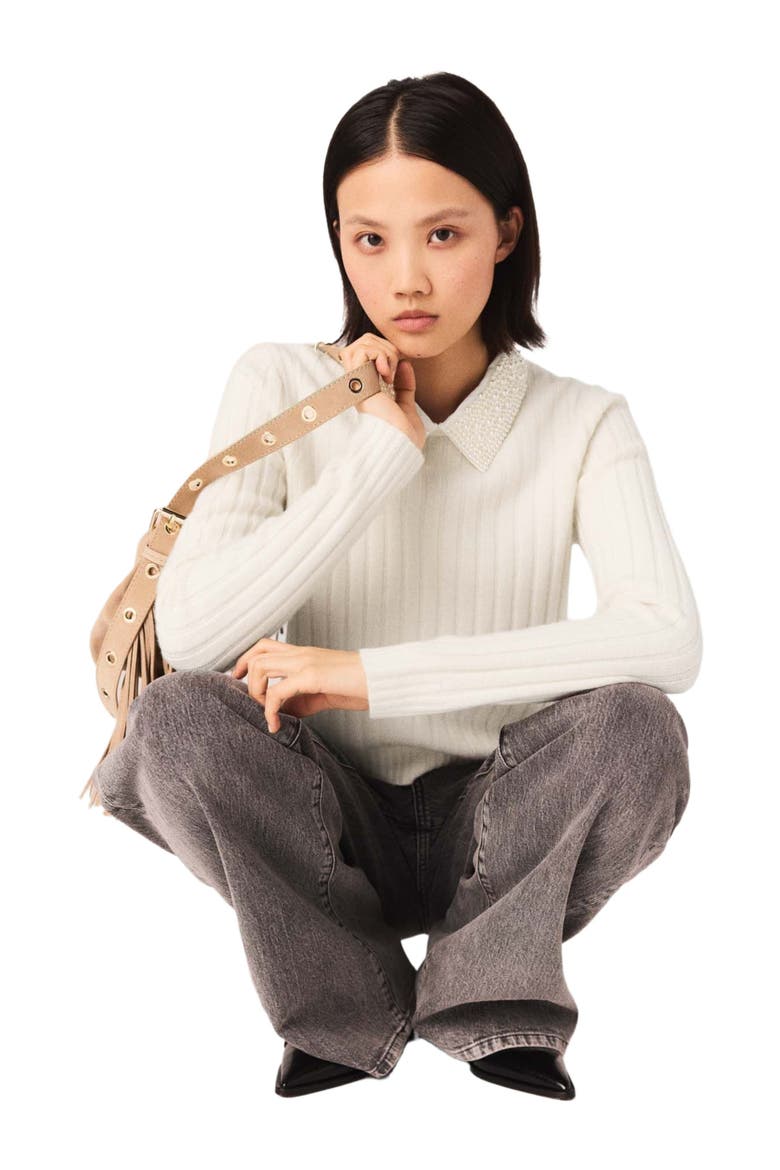 Pearl-collar ribbed sweater, Alternate, color, Ecru