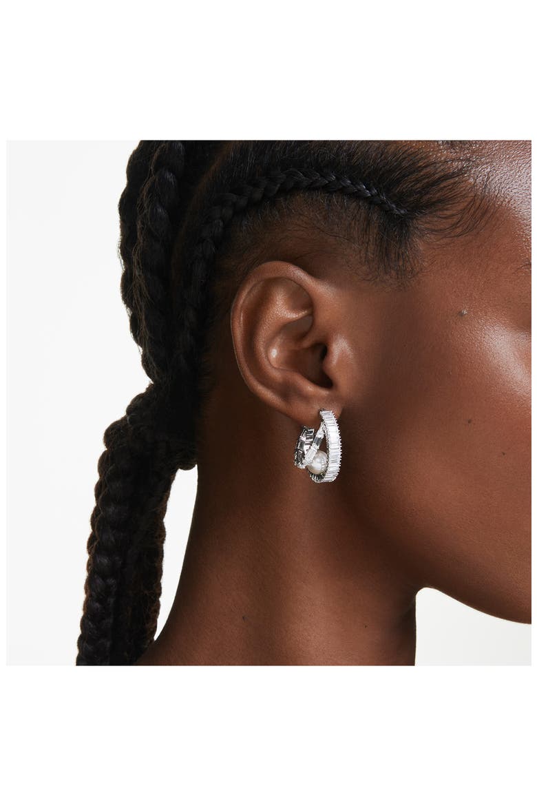 x Ariana Grande Crystal Pearl & Baguette Cut Crystal Double Hoop Earrings, Alternate, color, WHITE/ SILVER