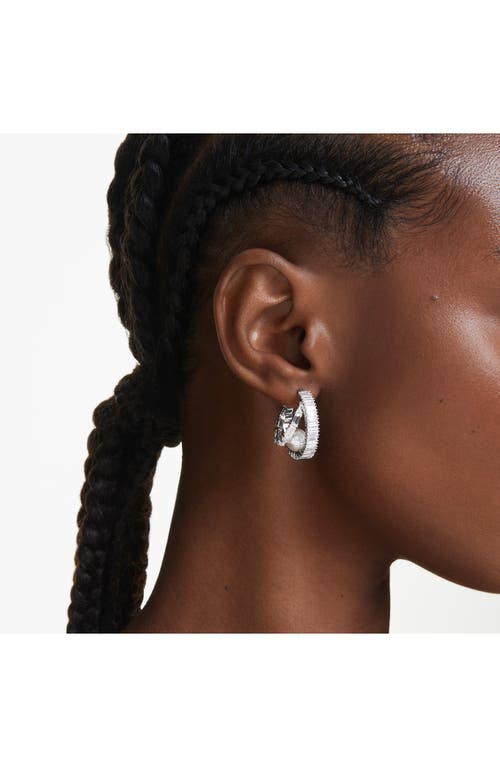 Swarovski Ariana Grande Imitation Pearl & Crystal Baguette Small Hoop Earrings In White/silver