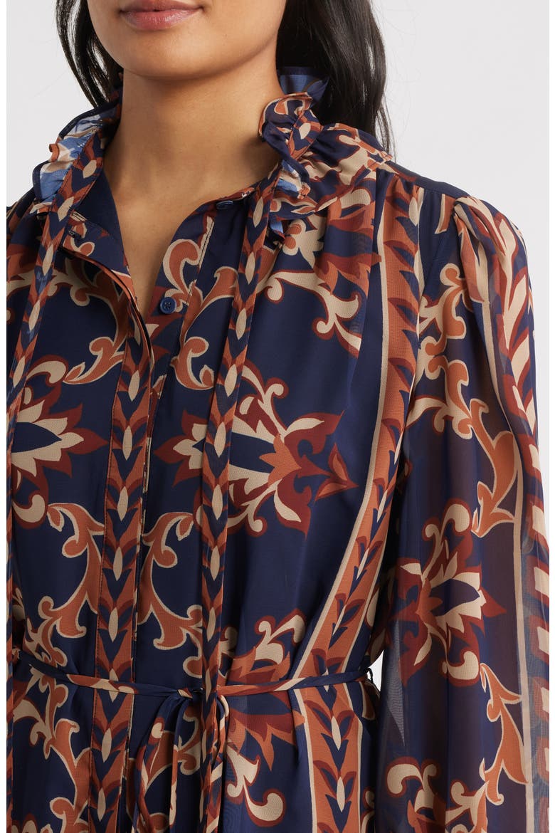 Florentine Print Long Sleeve Tie Neck Shirtdress, Alternate, color, NAVY MULTI