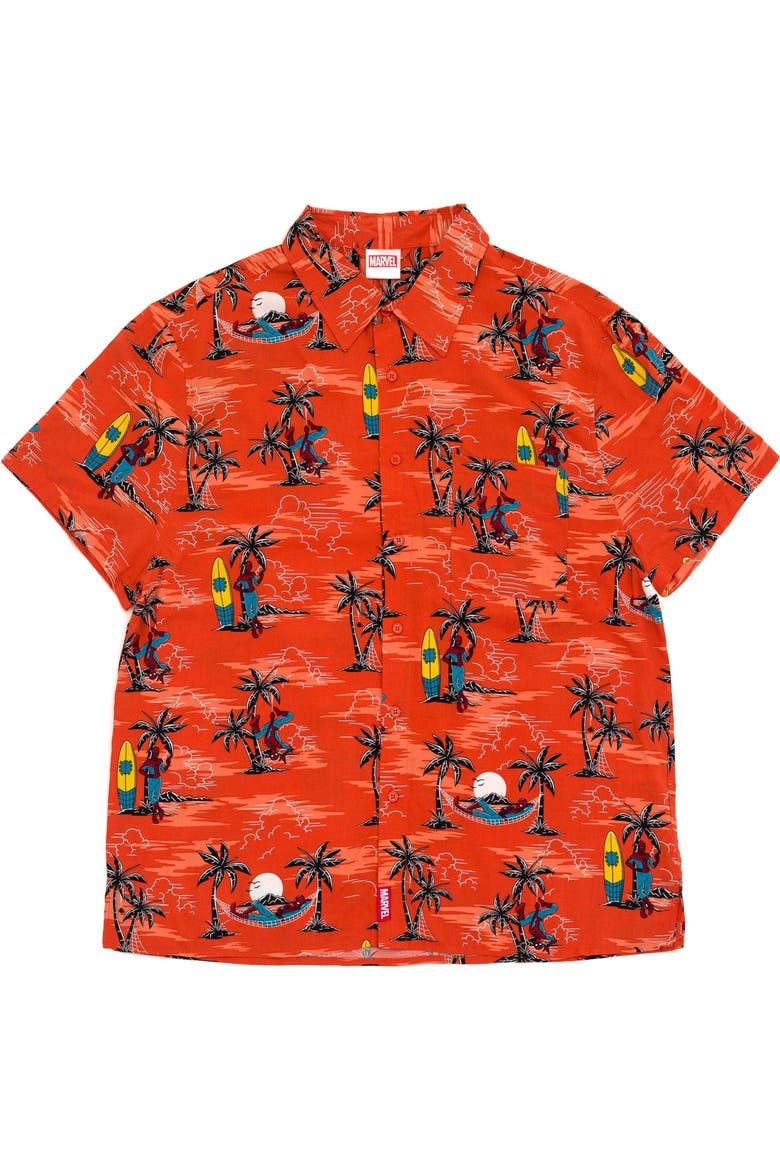 Spider-Man Button Front Hawaiian Shirt, Main, color, Spider Man Peach