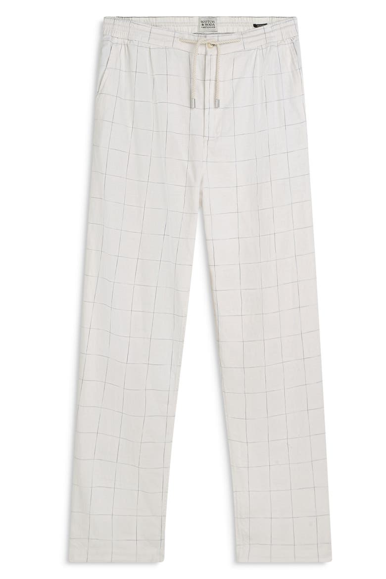 Pleated Relaxed Straight Fit Cotton & Linen Blend Pants, Alternate, color, BRIGHT WHITE / BLUE CHECK