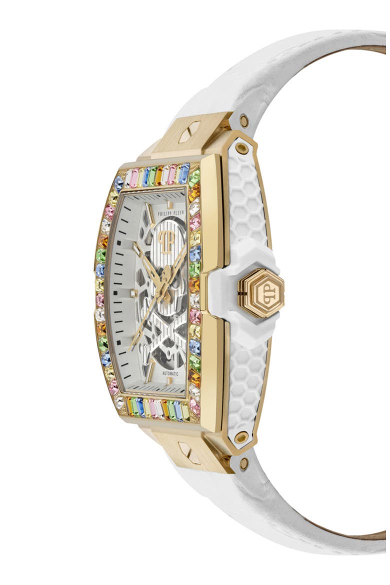 The $keleton 2.0 Automatic Leather Strap Watch, 44mm, Alternate, color, IP YELLOW GOLD