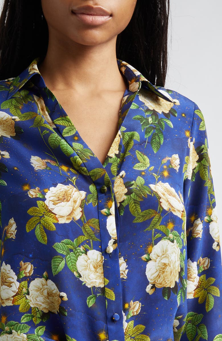 Alice + Olivia Eloise Floral Silk Button-Up Shirt, Alternate, color, Twilight Eden