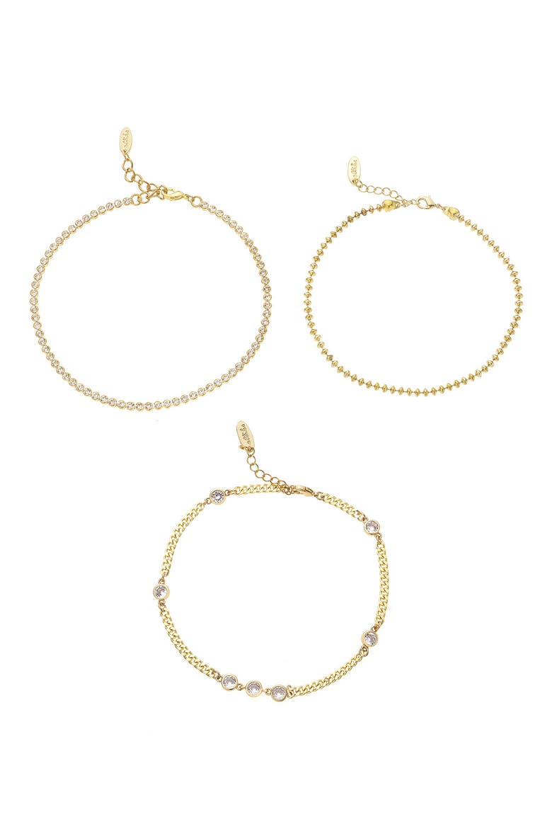 Simple Beauty Set of 3 Cubic Zirconia Anklets, Main, color, GOLD