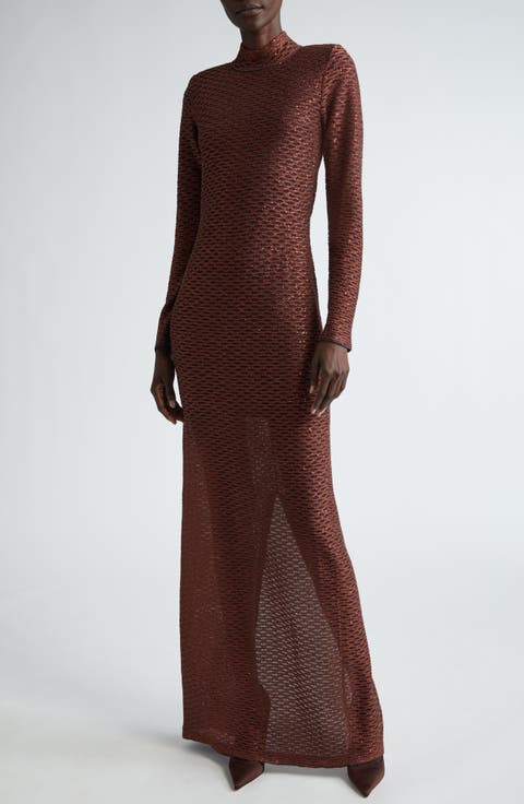 Sheer Sequin Fishnet Long Sleeve Column Gown