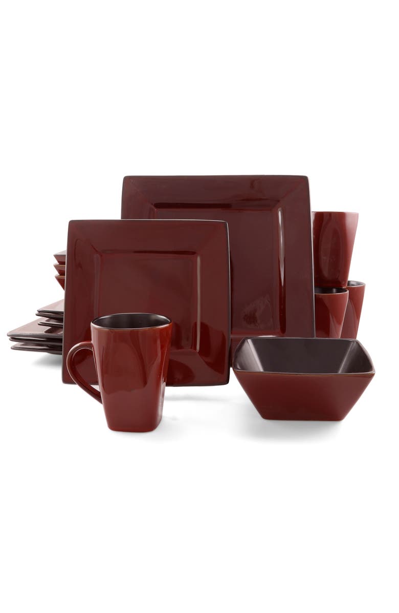 Gibson Elite Kiesling 16 Piece Hard Square Dinnerware Set, Main, color, Red