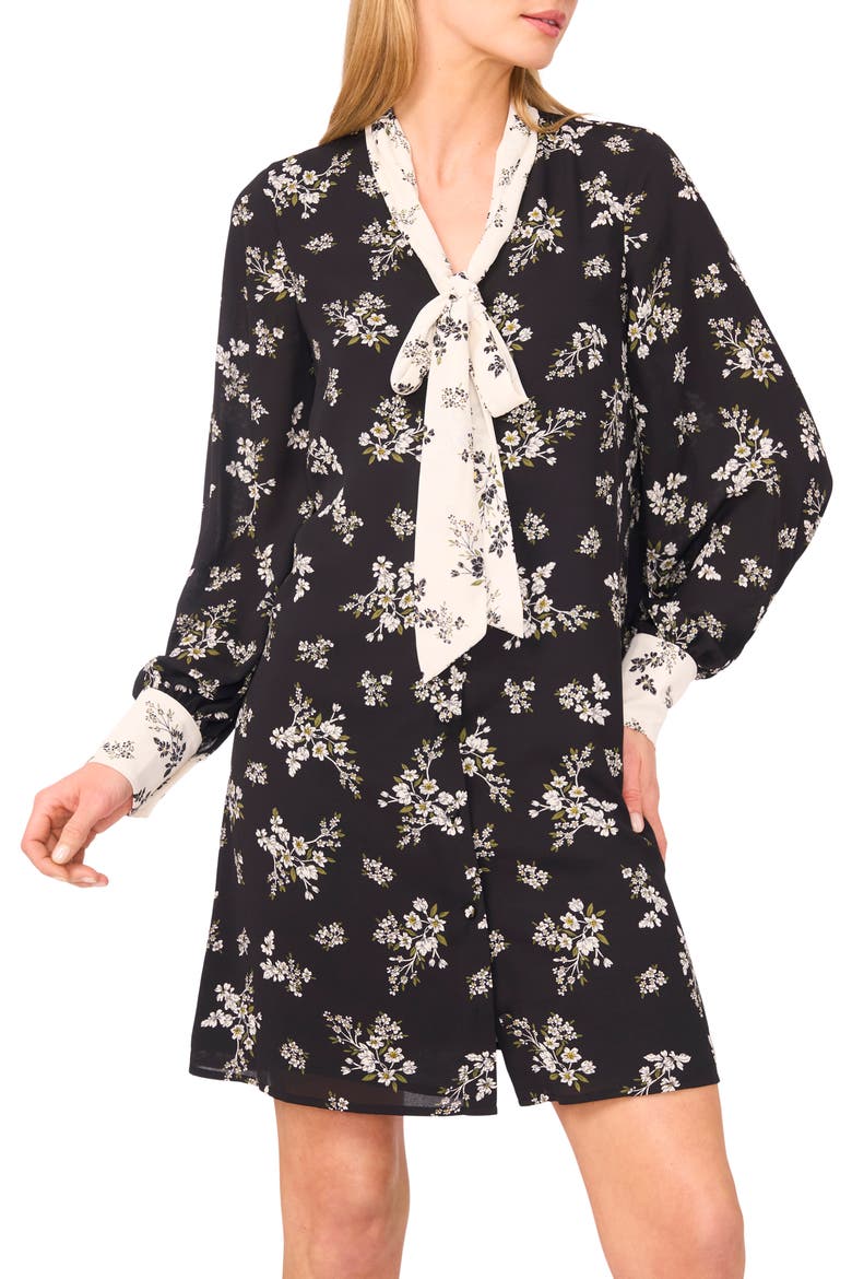 Tie Neck Long Sleeve Shirtdress, Alternate, color, RICH BLACK