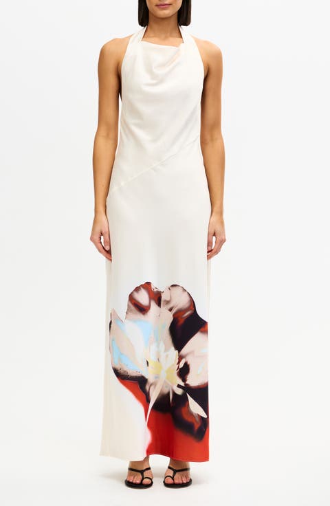 Anastasia Placed Floral Satin Halter Maxi Dress