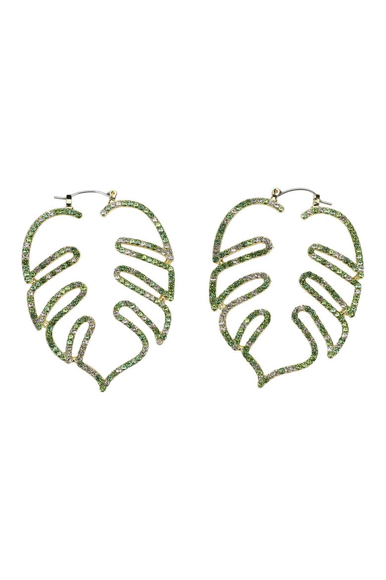 Palm Paradise Leaf Rhinestone Earrings - Hypoallergenic Snap Lever Hoop, Gold Metal Palm Leaf with Multicolor Rhinestones, 2.5x1.9 Inch, Main, color, Green