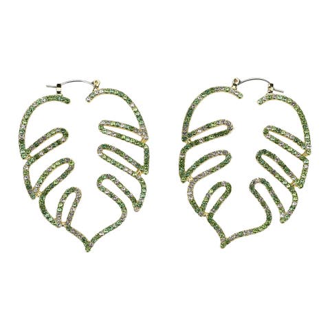 Palm Paradise Leaf Rhinestone Earrings - Hypoallergenic Snap Lever Hoop, Gold Metal Palm Leaf with Multicolor Rhinestones, 2.5x1.9 Inch