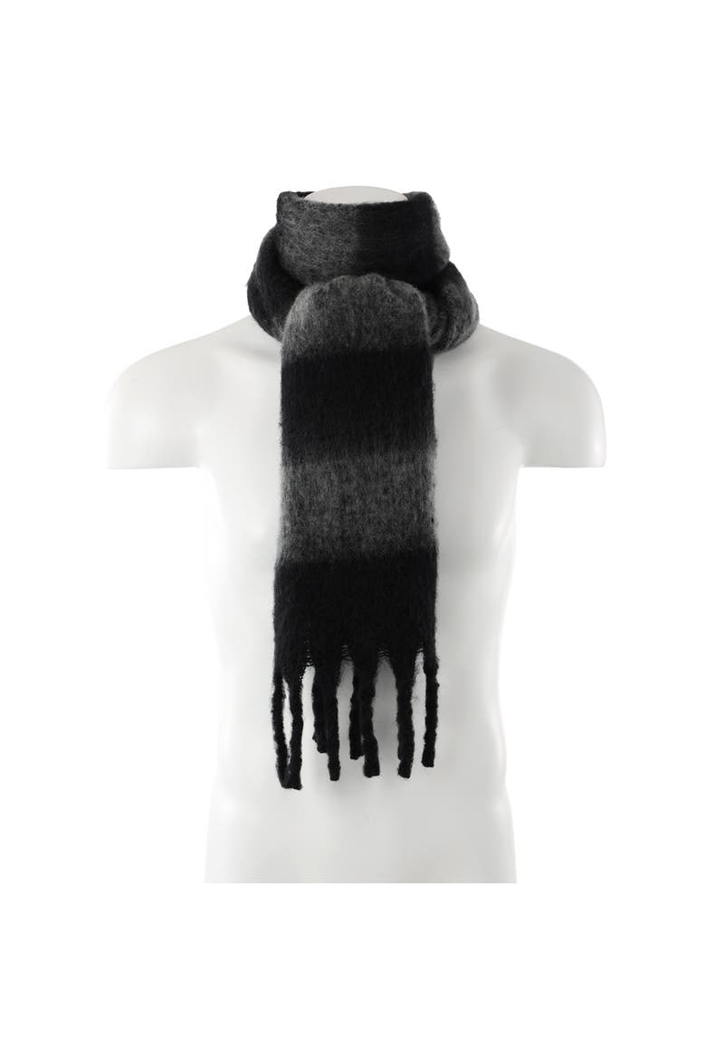 Brushed Acrylic Striped Blanket Scarf with Fringe, Alternate, color, BLACK