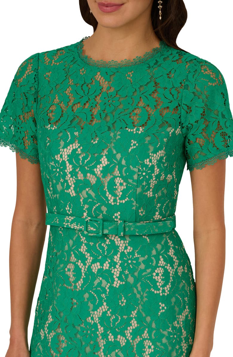 Adrianna Papell Short Sleeve Belted Lace Midi Dress, Alternate, color, 