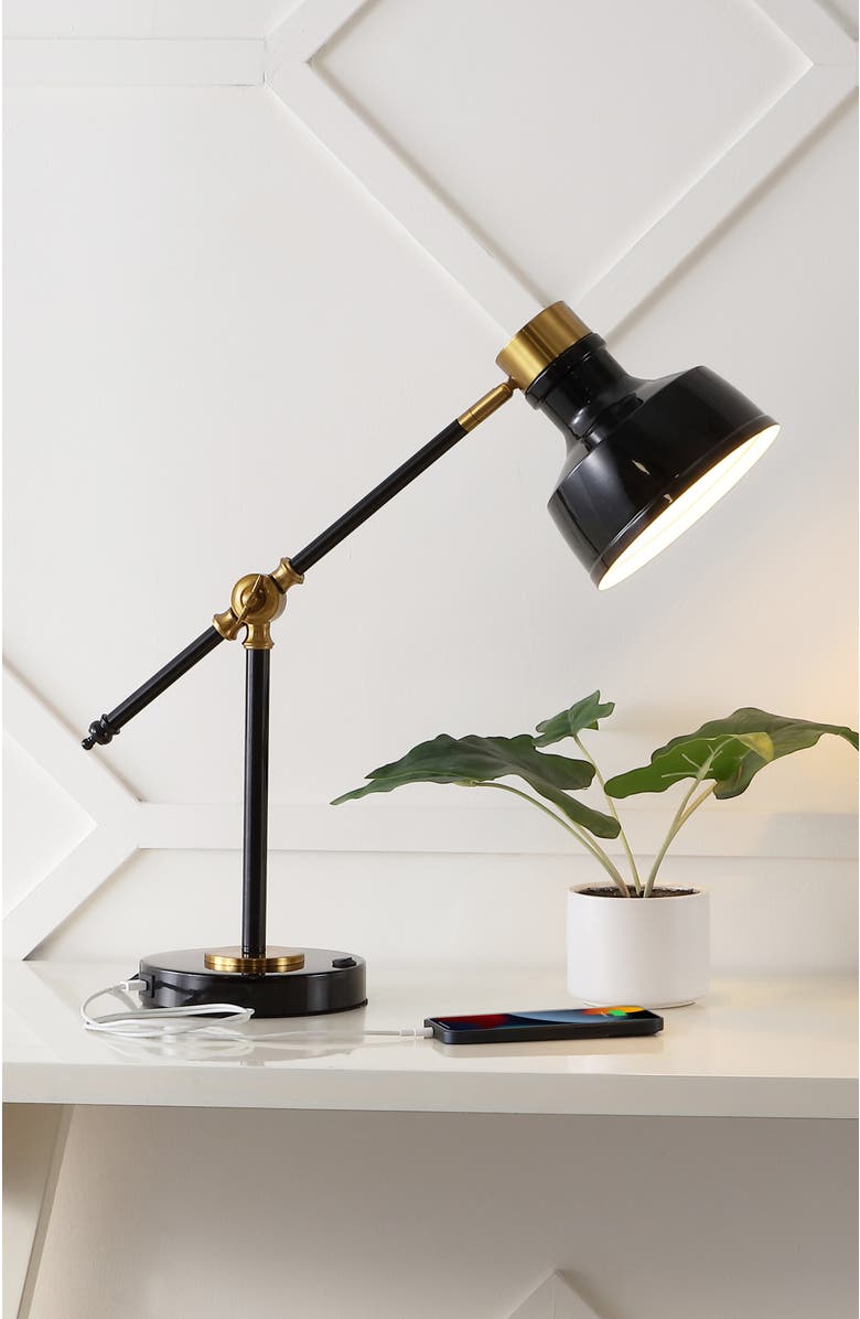 JONATHAN Y Allegra Classic Farmhouse Adjustable Cantilever LED Task Lamp with USB Charging Port, Alternate, color, Black/Brass Gold