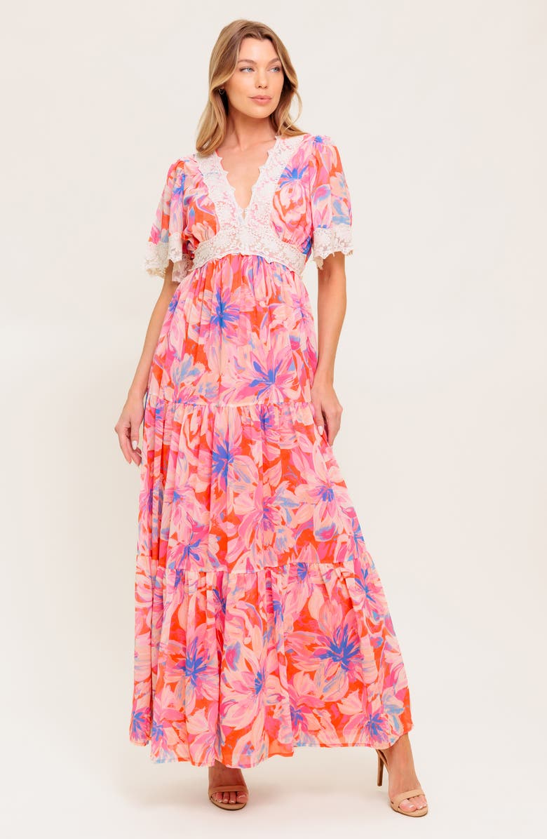 FLYING TOMATO Floral Lace V-Neck Maxi Dress, Alternate, color, Coral Blue