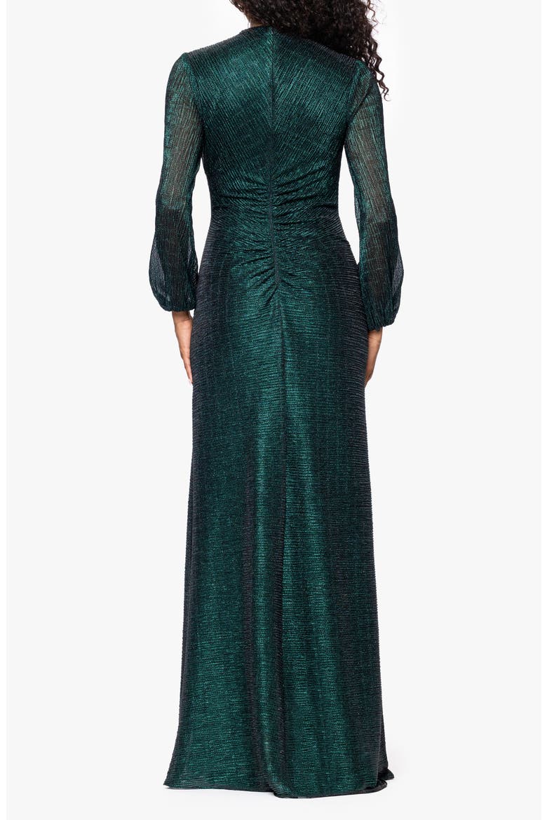 Metallic Crinkle Ruched Long Sleeve Trumpet Gown, Alternate, color, BLACK/ EMERALD
