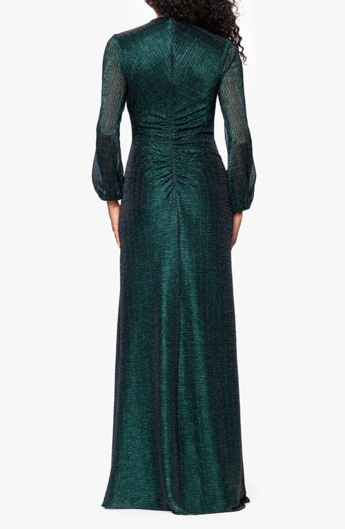 Betsy & Adam Metallic Crinkle Ruched Long Sleeve Trumpet Gown In Green