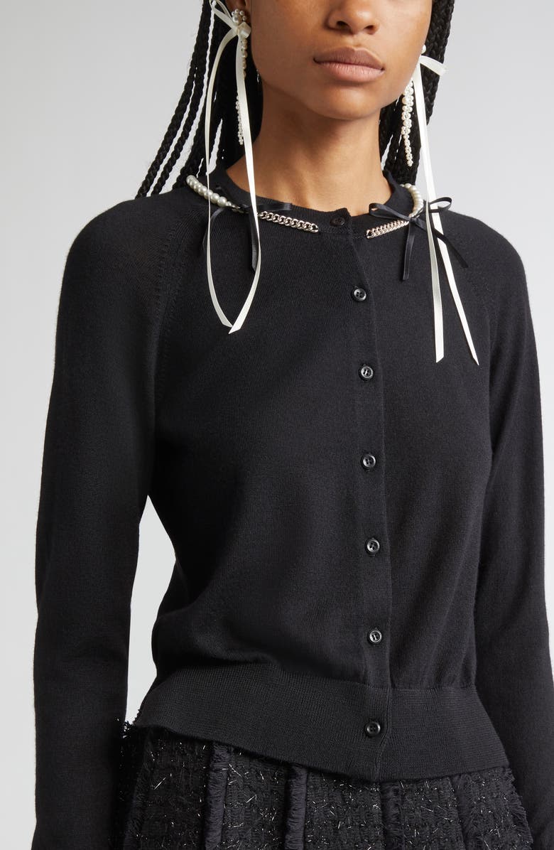 Simone Rocha Classic Long Sleeve Merino Wool & Silk Cardigan with Faux Pearl Detail, Alternate, color, Black/ Pearl