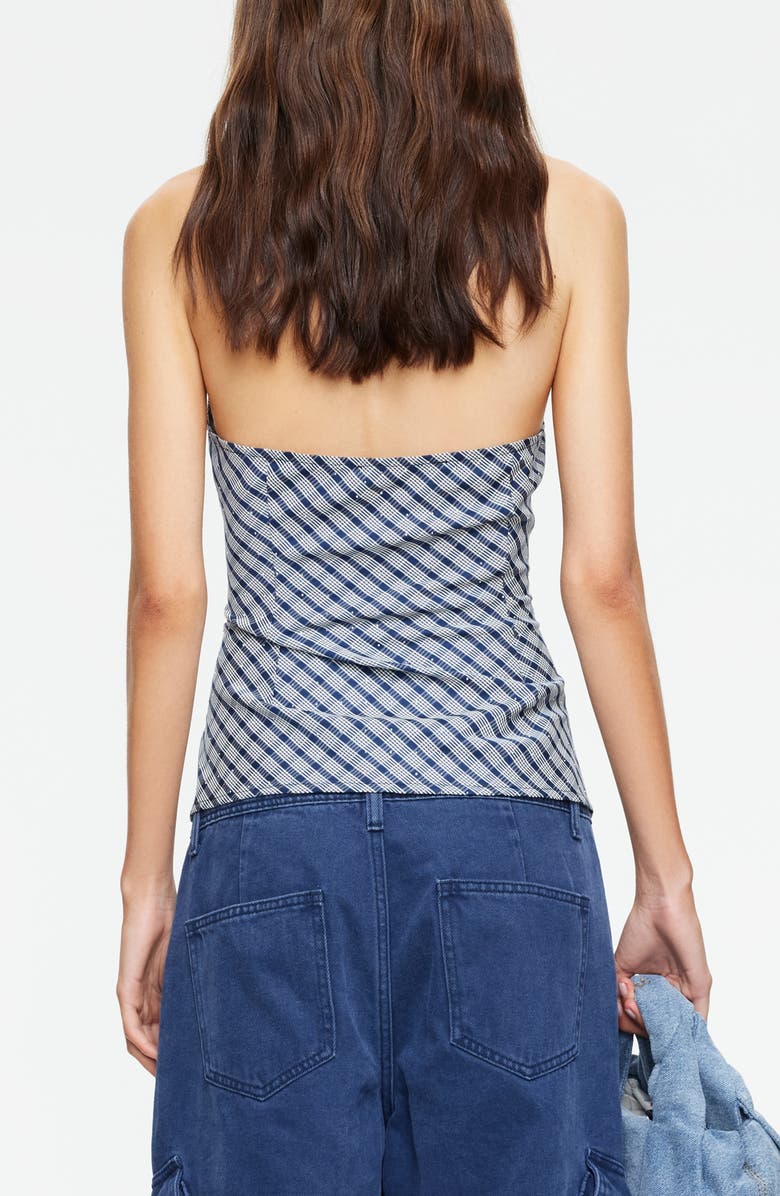 LIONESS Power Hour Rhinestone Detail Plaid Halter Top, Alternate, color, Navy Plaid