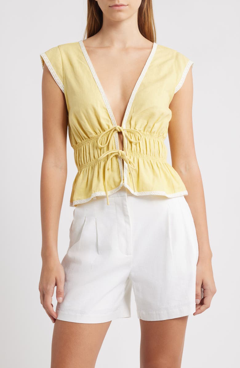WAYF Clara Tie Front Linen Blend Top, Main, color, Golden Yellow